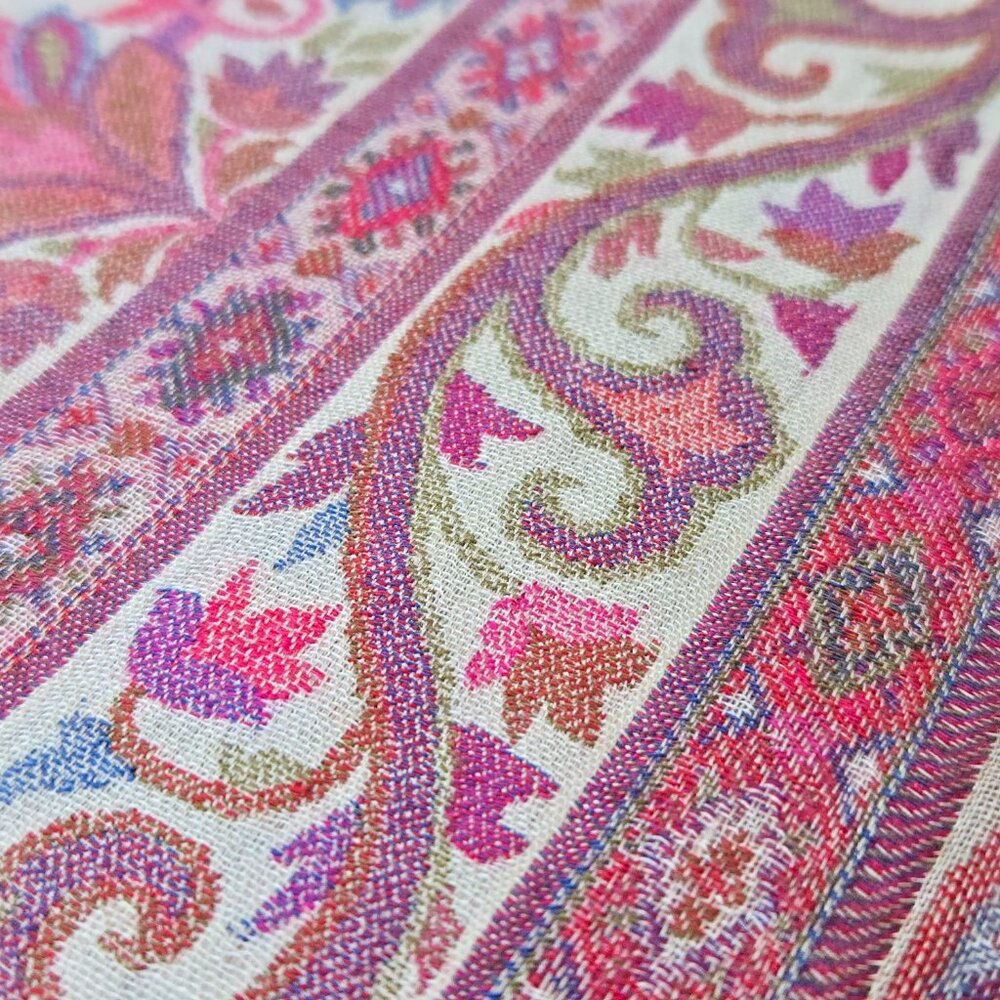 NWOT Cashmere Kashmiri Scarf Shawl Jacquard Embroidered Pink Purple - Picture 2 of 16